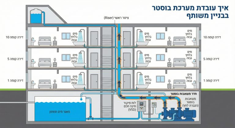 חתך של בניין המראה איך המים עולים מהמאגר לדירות בעזרת הבוסטר