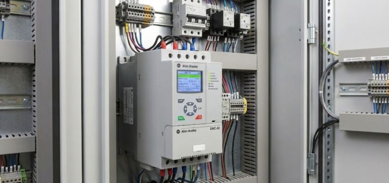 מתנע רך (Soft Starter) חכם מסוג Allen-Bradley SMC-50 מותקן בלוח חשמל תעשייתי, עם צג דיגיטלי מואר המראה נתוני פעולה