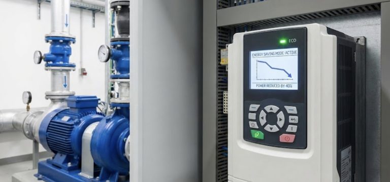 משנה מהירות (VSD) מותקן בלוח ליד משאבה בחדר משאבות